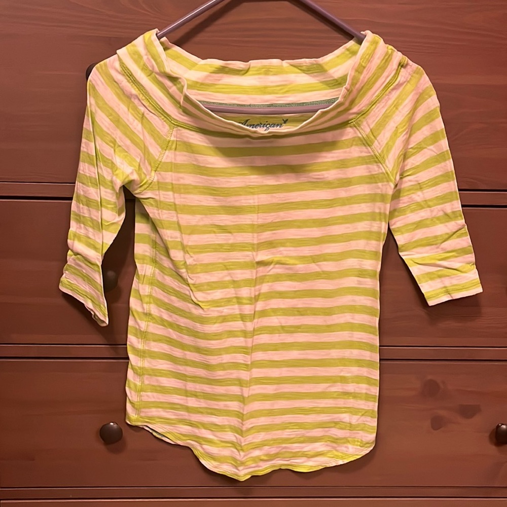 Bright green and white striped elbow sleeve T American Eagle